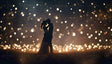 A couple stands silhouetted in an embrace, surrounded by a sea of luminous golden orbs that float like stars in the night. The woman's flowing dress and the tender closeness of their pose evoke a timeless romance. The sparkling backdrop casts a celestial glow, transforming the scene into a magical realm where love seems to radiate from every point of light. Ai generated. Cinematic style.