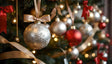 A captivating close-up of a Christmas tree adorned with shimmering silver and vibrant red ornaments, featuring delicate snowflake patterns and elegant satin ribbons. Warm golden lights softly illuminate the scene, creating a festive and sophisticated ambiance that celebrates the holiday season with timeless charm and joy. Ai generated image.