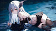 A character with long, silver hair rests by a calm, reflective body of water. They have sharp, green eyes and wear a black outfit with intricate lace detailing. Their pose reveals a subtle, elegant demeanor. The water gently ripples around them, with shades of deep blue. Light highlights their delicate features, while small, pointed fin-like details add a unique touch. Ai generated. Anime style.