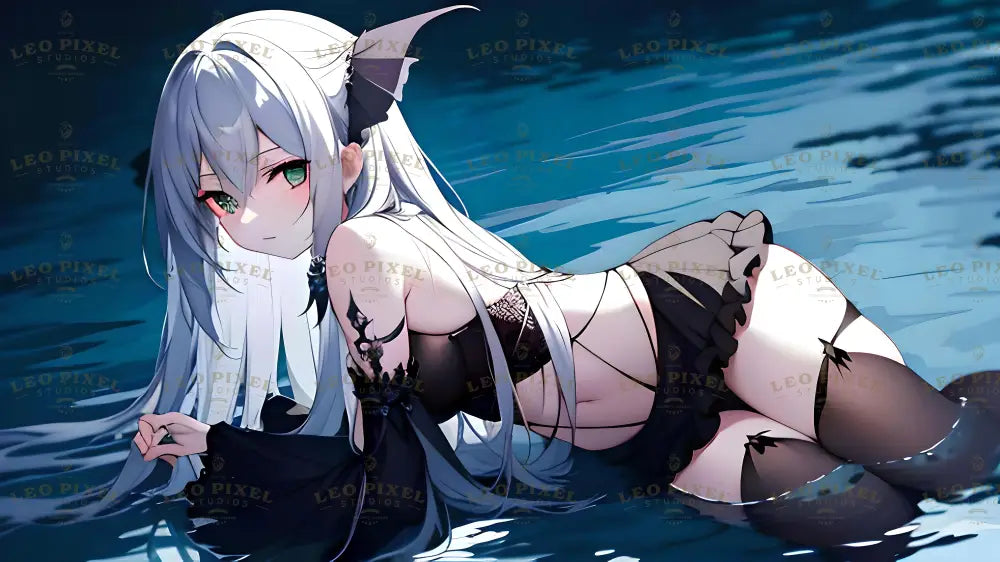 A character with long, silver hair rests by a calm, reflective body of water. They have sharp, green eyes and wear a black outfit with intricate lace detailing. Their pose reveals a subtle, elegant demeanor. The water gently ripples around them, with shades of deep blue. Light highlights their delicate features, while small, pointed fin-like details add a unique touch. Ai generated. Anime style.