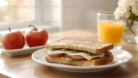 A close-up of a sandwich on a white plate, featuring layered slices of bread with cheese, ham, and green peppers. Beside it, two shiny red apples sit on a rectangular white dish. A glass of orange juice rests nearby on the wooden table. The setting is bright with natural light, and a blurred window view and a white flower vase in the background create a soft, clean atmosphere. Ai generated. Photography style.