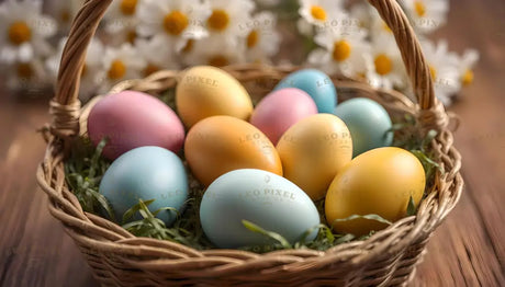 The image shows a wicker basket filled with smooth, pastel-colored Easter eggs. The eggs are in shades of pink, blue, yellow, and orange, resting on green shredded grass. The background features white daisies with yellow centers, softly blurred, enhancing the bright and cheerful feel of the image. The wooden surface beneath the basket adds warmth to the composition. Ai generated. Photography style.