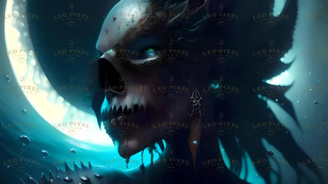 A haunting figure with a skeletal face illuminated by a glowing crescent in a deep aquatic background. The hollow eyes gleam with eerie green light, and the jagged teeth are accentuated by shadows. Intricate ornaments dangle, blending organic and metallic designs. Floating bubbles and faint textures of water enhance the ethereal, eerie ambiance surrounding the dark and textured silhouette. Ai generated. CInematic style.