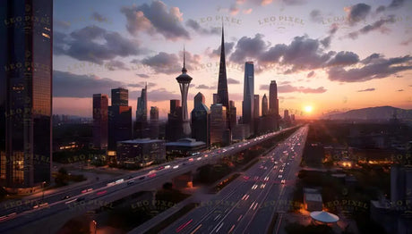 This captivating photography-style image showcases a futuristic city skyline at sunset, featuring a blend of iconic modern skyscrapers and unique architectural designs. A bustling highway with streaks of car lights adds a dynamic element, while the warm hues of the setting sun paint the sky with vibrant orange and purple tones, creating a breathtaking urban vista. Ai generated image.