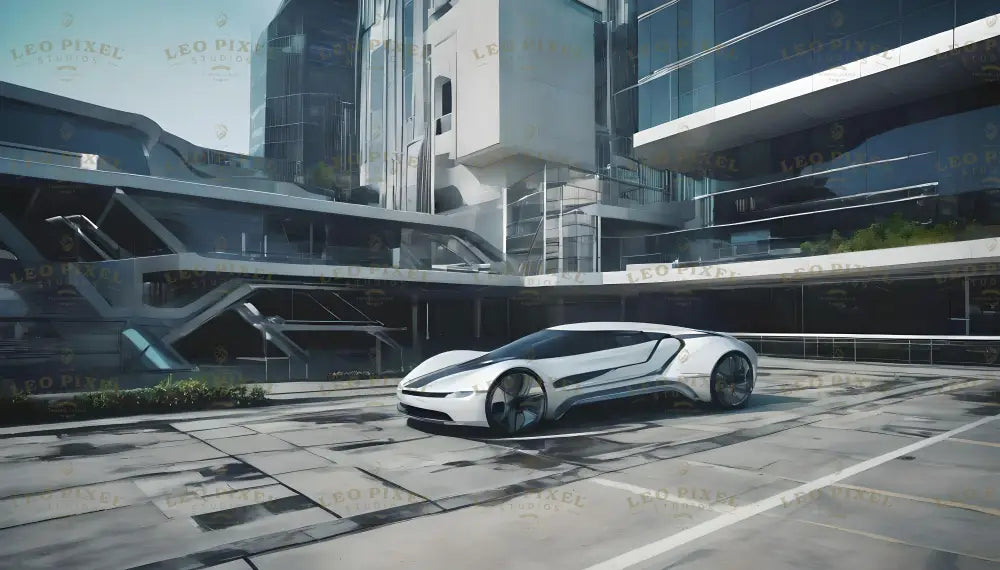 A futuristic white sports car with a streamlined design stands against the backdrop of an ultra-modern architectural complex. The building’s sleek glass facades and intricate geometric structures create a striking scene of innovation. Clean lines, metallic accents, and open spaces highlight a harmony between cutting-edge technology and sophisticated design aesthetics. Ai generated image.