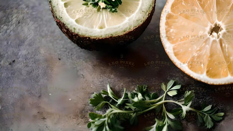 The image shows two halves of a citrus fruit, one with a smooth pale orange inside and another topped with small green leaves. The background is a dark, textured surface that contrasts with the vibrant fruit. Fresh sprigs of herbs with leafy stems lie below the fruit, adding a touch of green. The overall scene highlights the natural freshness and textures of the ingredients. Ai generated. Photography style.