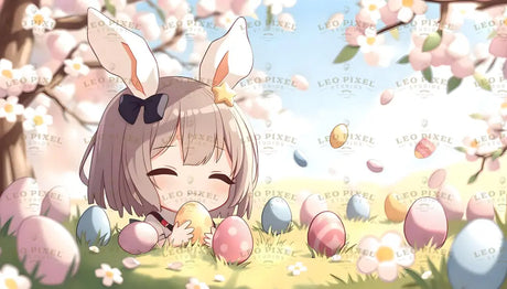 A cheerful chibi girl with bunny ears adorned by a black bow and a golden star smiles brightly, clutching pastel-colored Easter eggs. Surrounded by a lush field of grass and scattered eggs, blooming cherry blossoms frame the scene under a radiant sky. Falling petals and vibrant spring colors enhance the playful and whimsical atmosphere. Ai generated. Anime style.