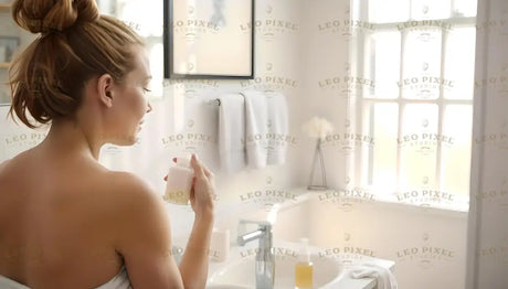 A smiling woman wrapped in a soft white towel poses in a bright, airy bathroom. Her hair is styled in a neat bun. The background features a white shelf with neatly arranged towels, a potted plant, and simple decor. Natural light streams through large windows, casting soft shadows and enhancing the minimalist, fresh atmosphere of the room. Ai generated. Photography style.