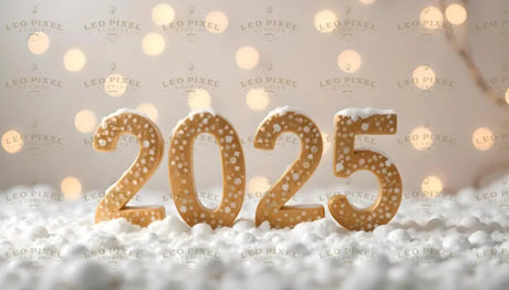 Golden "2025" numbers sit gracefully in a snowy setting, adorned with delicate frosted patterns and dusted with snow. The soft bokeh of warm festive lights in the background adds a cozy, celebratory atmosphere. This serene image beautifully combines winter charm with the anticipation of a joyful and prosperous new year. Ai generated image.