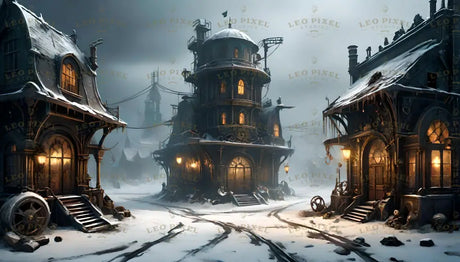 Snowbound Cogspire Village Ai Generated Image