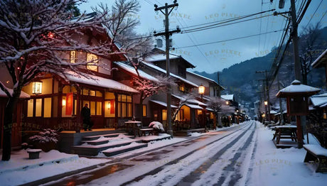 A picturesque Japanese street is blanketed in snow, lined with warm-lit traditional houses and frosted trees. The quiet ambiance of the evening is enhanced by glowing lanterns and soft reflections on the snow-dusted path. Nestled against a backdrop of serene hills, this scene captures the tranquil beauty of a snowy winter night in a charming village setting. Ai generated imgae.