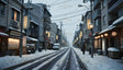 A tranquil urban street is blanketed in fresh snow, with softly glowing lanterns and shop signs adding warmth to the chilly scene. The snow-covered rooftops and quiet road create a serene winter atmosphere, while a lone figure walks, adding a sense of peaceful solitude. This picturesque image captures the charm of a calm, snowy morning in the heart of a bustling neighborhood. Ai generated image.