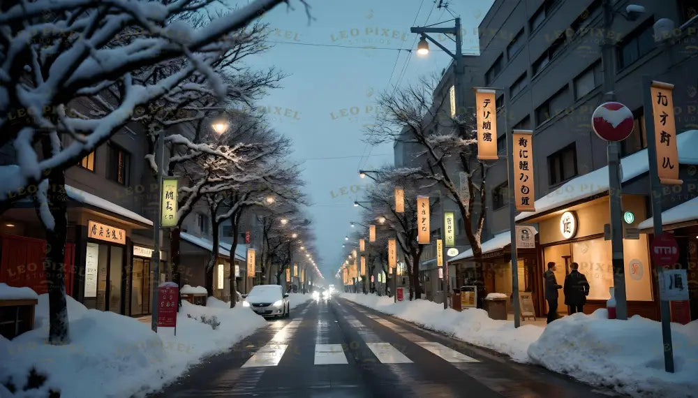 A quiet Tokyo street blanketed in snow showcases the beauty of winter in the bustling city. Frost-covered trees line the road, illuminated by warm lanterns and shop signs that create a cozy glow. Locals stroll and cars pass gently, adding life to the serene atmosphere. This enchanting scene blends the elegance of traditional Japanese architecture with the tranquility of a snowy winter evening. Ai generated image.