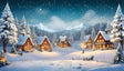 A quaint village rests under a starlit sky, surrounded by snow-laden trees and majestic mountains. Warmly lit cottages exude holiday cheer, with snowy paths inviting cozy gatherings. Gentle snowflakes fall, and festive details, like glowing lanterns and rustic fences, create a serene and magical winter wonderland perfect for seasonal celebrations. Ai generated image. Digital art style.