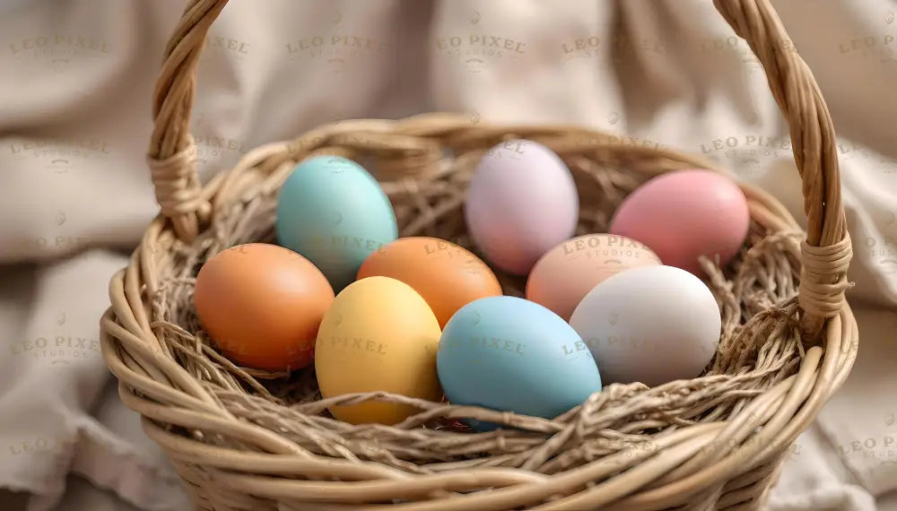 The image displays a wicker basket filled with smooth pastel-colored eggs resting on shredded straw. The eggs are painted in soft shades of orange, yellow, blue, pink, and white. The basket handle is sturdy and woven, complementing the natural look. A soft, neutral fabric background enhances the gentle and minimalist feel of the composition, creating a calm and festive atmosphere. Ai generated. Photography style.