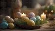 A wooden plate holds pastel-colored speckled eggs resting on green grass. Some eggs are blue, yellow, and pink, with a soft shine. Warm candlelight glows in the blurred background, adding a cozy and peaceful feel. The simple details and soft light make the scene calm and natural, perfect for spring or Easter decorations. Ai generated. Photography style.