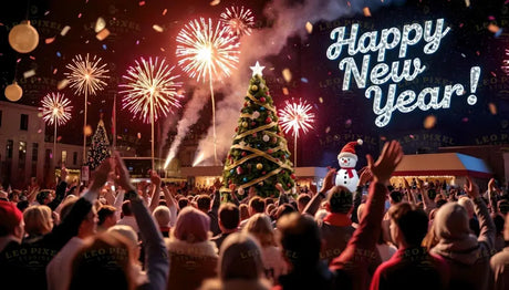 A lively crowd gathers in a festive city square to ring in the New Year. Fireworks burst brilliantly in the night sky, illuminating a towering Christmas tree adorned with ornaments and lights. A glowing "Happy New Year!" sign adds to the celebratory atmosphere, accompanied by a cheerful snowman. Confetti rains down as the crowd cheers and raises glasses in excitement. The vibrant scene captures the joy and unity of a spectacular New Year celebration. Ai generated image.