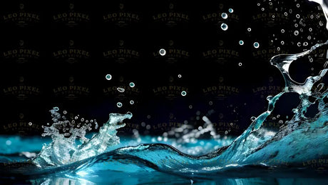 The image captures a close-up of water splashing with crystal-clear droplets suspended in midair. The deep blue wave rises with smooth curves, reflecting light. Tiny bubbles and water arcs create a sharp contrast against the black background. The focus highlights the details of each droplet, while the blurred background adds depth. The bright blue tones and reflections give the water a fresh and dynamic look. Ai generated. Photography style.