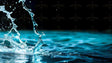 The image captures a close-up of water splashing with crystal-clear droplets suspended in midair. The deep blue wave rises with smooth curves, reflecting light. Tiny bubbles and water arcs create a sharp contrast against the black background. The focus highlights the details of each droplet, while the blurred background adds depth. The bright blue tones and reflections give the water a fresh and dynamic look. Ai generated. Photography style.