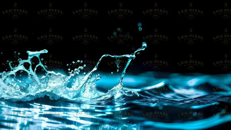 The image captures a close-up of water splashing with crystal-clear droplets suspended in midair. The deep blue wave rises with smooth curves, reflecting light. Tiny bubbles and water arcs create a sharp contrast against the black background. The focus highlights the details of each droplet, while the blurred background adds depth. The bright blue tones and reflections give the water a fresh and dynamic look. Ai generated. Photography style.