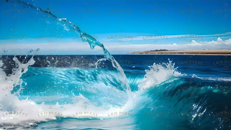 A turquoise wave crashes, splitting into a clear arc of water against a deep blue sky. The sunlight highlights the foam and water droplets as they scatter. The ocean extends to the horizon, meeting a distant sandy shoreline. The water reflects shades of blue, creating depth and movement. Wisps of clouds stretch across the sky, blending with the bright and vibrant colors of the scene. Ai generated. Photography style.