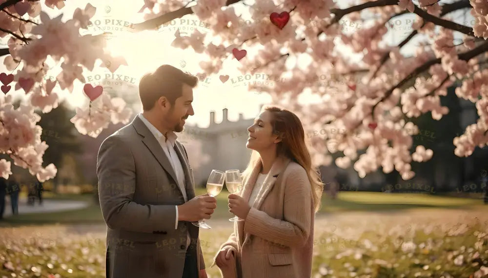 Amidst soft, glowing light filtering through blooming cherry blossoms, a smiling couple clinks champagne glasses, basking in the beauty of nature. The man in a sharp suit and the woman in a cozy beige coat share an intimate moment, framed by pink petals and delicate hanging hearts. The warm sunlight enhances the scene, creating a serene, romantic atmosphere in a lush, tranquil park. Ai generated image. Photography style.