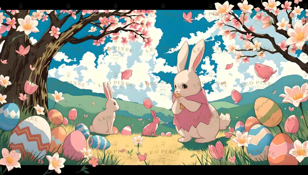 A picturesque anime-style illustration depicts a vibrant meadow filled with colorful Easter eggs, blossoming pink flowers, and lush green hills. A large bunny, wrapped in a pink shawl, gently holds a snack. Surrounding it are smaller rabbits and scattered petals under a canopy of cherry blossom trees. The bright blue sky, dotted with fluffy white clouds and pink butterflies, enhances the serene charm. Ai generated. Anime style.