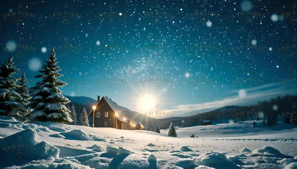 A serene snowy landscape glimmers under a star-filled night sky, with the soft glow of a lamppost and cozy house lights adding warmth to the scene. Towering snow-covered evergreens frame the foreground, while the horizon glows with the first light of dawn. This enchanting image captures the quiet beauty of winter, evoking peace and wonder under the vast cosmic canopy. Ai generated image.