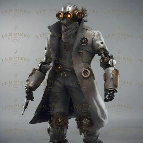 This cyberpunk character embodies technological sophistication and industrial artistry. Dressed in a tailored coat adorned with intricate gears and tubing, he features advanced cybernetic limbs and glowing optics. His robotic arm holds a precision tool, symbolizing engineering mastery. The mechanical design blends utility and style, while his mask adds an air of mystery. This figure represents innovation and the seamless integration of humanity with futuristic technology. Ai generated image.