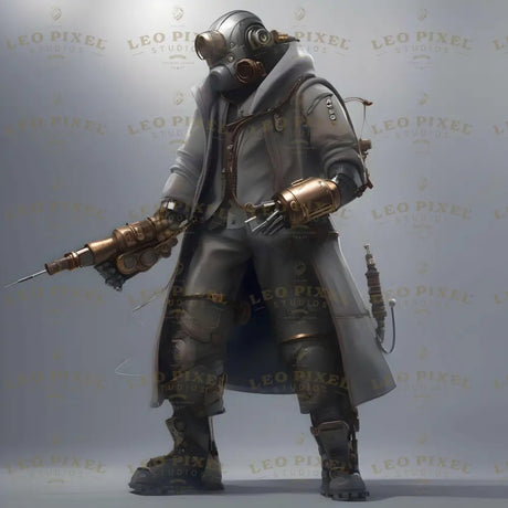 This cyberpunk character showcases a fusion of futuristic technology and industrial design. Equipped with a robotic arm and mechanized legs, he embodies strength and precision. His outfit features intricate tubing, gears, and a sleek coat, balancing utility with style. A gas mask with advanced optics adds an aura of mystery. Holding a sophisticated tool, he represents a seamless blend of innovation, engineering mastery, and cyberpunk aesthetics. Ai generated image.