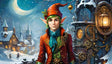  A steampunk-inspired elf stands against a magical winter backdrop. Dressed in vibrant red and green, adorned with intricate gears and holly accents, the elf exudes festive charm. Behind, a whimsical village glows warmly under a crescent moon, with snow-draped rooftops and golden-lit windows. This enchanting scene blends fantasy with mechanical artistry. Ai generated image. Digital art style.