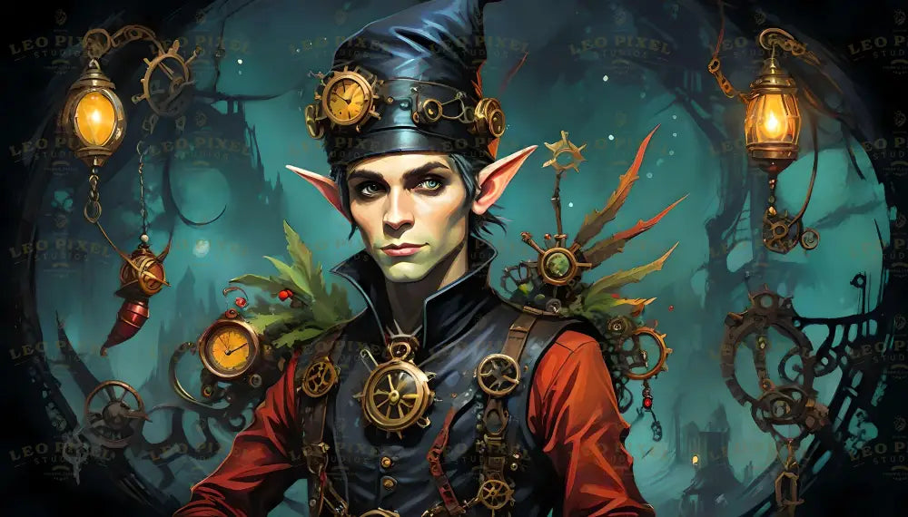 This captivating image portrays a steampunk elf adorned with intricate clockwork elements, glowing lanterns, and a distinctive pointed hat. Set against a mystical, dimly lit backdrop of gears and twisted branches, the character exudes an aura of mystery and innovation. The elf’s piercing gaze, complemented by an elaborate ensemble of mechanical designs, invites viewers into a world of fantastical creativity. Ai generated image. Digital art style.