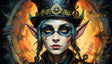 This striking portrait captures a steampunk elf with vibrant golden eyes, framed by intricate mechanical headgear adorned with gears and cogs. Her bold makeup and braided hair complement her enigmatic aura. Set against a fiery, gear-filled backdrop, the image blends fantasy and industrial elements, exuding intrigue and elegance. Ai generated image. Digital art style.