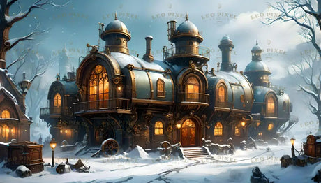 Steampunk Snowbound Manor Ai Generated Image