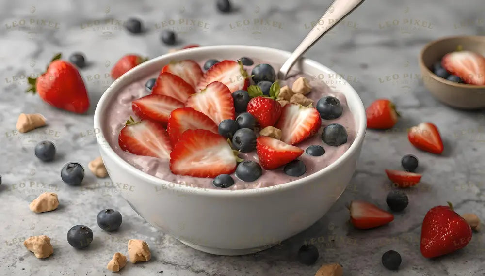 A white bowl holds a creamy base topped with fresh strawberries, blueberries, and small nut pieces. Slices of strawberries fan out across the surface, while the blueberries are scattered evenly. A spoon rests in the bowl. The marble background features additional strawberries, blueberries, and a small beige bowl in the distance, creating a clean and fresh look. Ai generated. Photography style.