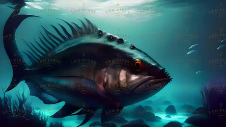 A detailed underwater view of a large fish with a sleek, striped body and sharp, protruding fins. Its golden eye is intense, contrasting with its dark scales. Small bumps align its dorsal ridge, reflecting the faint light above. The ocean floor is visible with scattered rocks and seaweed, and smaller fish swim in the distance. The water glows with a teal hue, adding depth to the scene. Ai generated. Cinematic style.