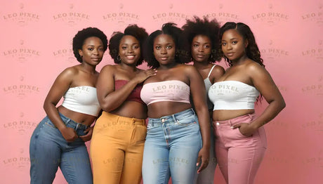 Five women stand confidently against a pink background, wearing trendy outfits. Their crop tops include white, maroon, and pale pink shades, paired with jeans or yellow and pink pants. Each woman’s natural hair is styled uniquely, ranging from afros to curls. Their poised expressions and modern attire reflect individuality and confidence, enhancing the vibrant backdrop. Ai generated. Photography style.