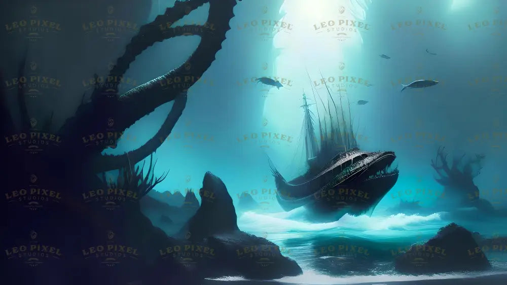 A haunting underwater scene reveals a shipwreck with jagged edges resembling a monstrous jaw, partially encrusted with marine growth. Tentacle-like shapes loom in the shadows to the left, creating a foreboding atmosphere. Fish swim around the turquoise-lit water, highlighting the ethereal glow. The seafloor is scattered with rocks, adding depth and mystery to the sunken ruins. Ai generated. Cinematic style.