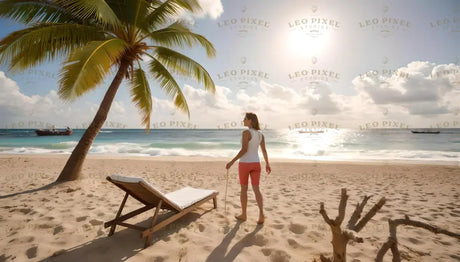 This photography-style image captures a serene beach scene with a woman in casual attire gazing at the turquoise ocean. A wooden lounge chair rests under a swaying palm tree, casting long shadows on the golden sand. The bright sun illuminates fluffy clouds scattered across the sky, while gentle waves roll ashore. In the distance, small boats float peacefully on the glistening water, adding to the tranquil setting. Ai generated image.