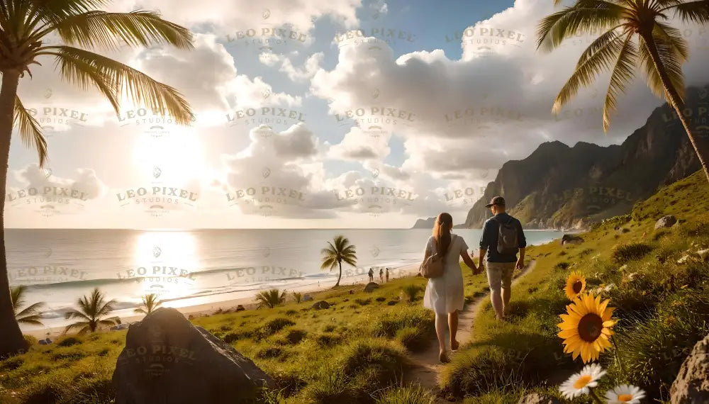 This photography-style image captures a breathtaking coastal landscape. A couple walks hand-in-hand along a grassy trail surrounded by wildflowers. Palm trees frame the scene, with the golden sun low in the sky, casting warm light across the calm ocean. Majestic mountains rise in the background, meeting the shoreline. The beach stretches below, dotted with smaller palms and reflecting the serene, cloud-filled sky. Ai generated image.