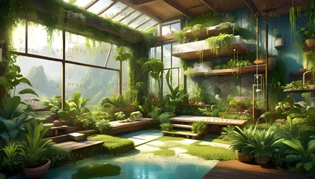 A vibrant indoor greenhouse filled with lush plants and greenery, illuminated by soft sunlight streaming through large glass windows and a slanted ceiling. Tiered shelves and hanging planters host diverse foliage and flowers. Mossy stones and a small water feature create a tranquil ambiance, blending natural and architectural elements harmoniously. Ai generated. Digital art style.