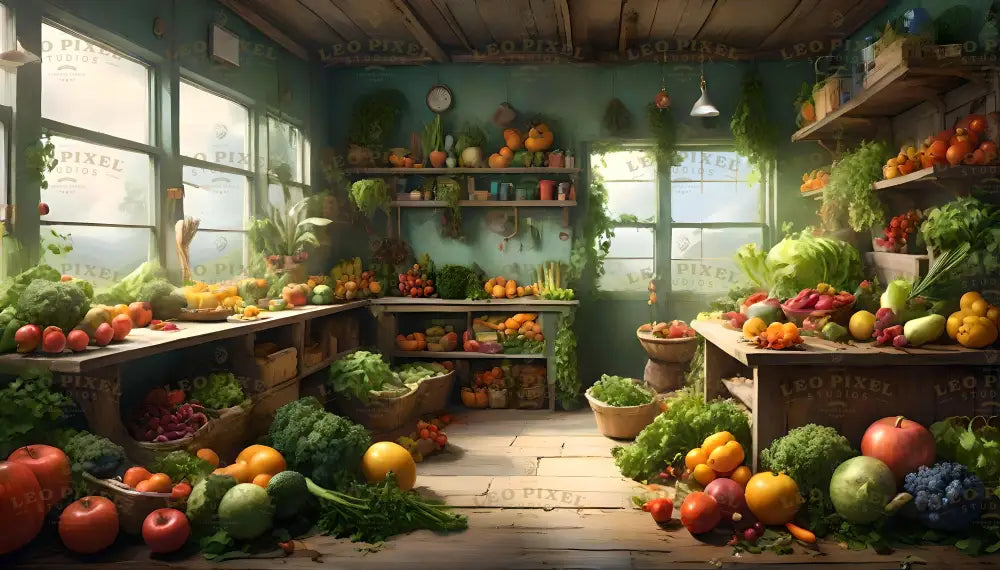 A cozy room filled with fresh produce displayed on wooden tables, shelves, and baskets. Vibrant fruits and vegetables, including apples, tomatoes, lettuce, and peppers, create a colorful display. Sunlight streams through large windows, casting a warm glow on the rustic wooden floor and walls. Hanging greenery and neatly stacked goods add a natural and inviting touch. Ai generated. Digital art style.