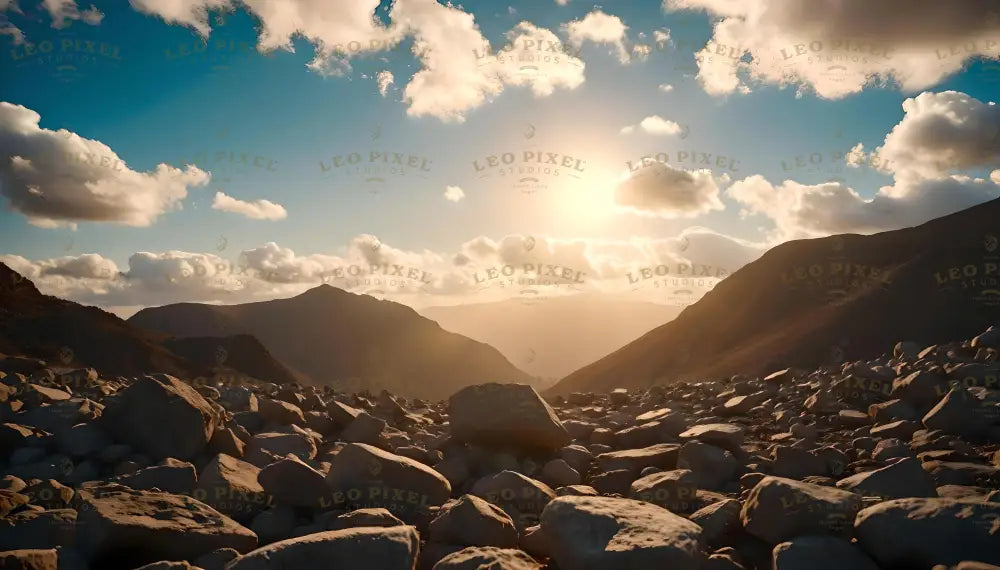 This photography art style image captures a serene rocky valley bathed in golden sunlight. Scattered stones and boulders dominate the foreground, illuminated by the low sun. Rolling hills and distant mountains frame the horizon, softened by a warm haze. The sky is filled with fluffy clouds against a blue backdrop, their edges glowing from the sunlight, creating a tranquil and atmospheric scene. Ai generated image.