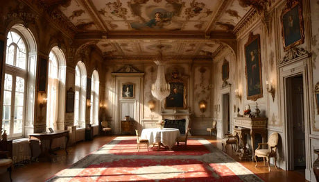 This lavish Rococo-style salon features a richly decorated ceiling adorned with ornate patterns and a central painted portrait. Gilded frames enclose regal paintings on cream walls embellished with delicate gold detailing. A dazzling crystal chandelier hangs over a small table draped in white linen, surrounded by elegant chairs. Sunlight pours through tall arched windows, illuminating a red-and-cream patterned carpet and polished wood floors. Intricate furniture and a sculpt Ai generated. Photography style.