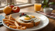 A hearty breakfast plate featuring two sunny-side-up eggs atop thick-cut toasted bread, garnished with fresh mint leaves. On the side, crisp golden fries add a savory touch. The plate is complemented by a handful of fresh berries—blueberries and a raspberry. In the background, a glass of orange juice and vibrant fruits, including apples and tomatoes, complete the cozy morning setting. Ai generated. Photography style.