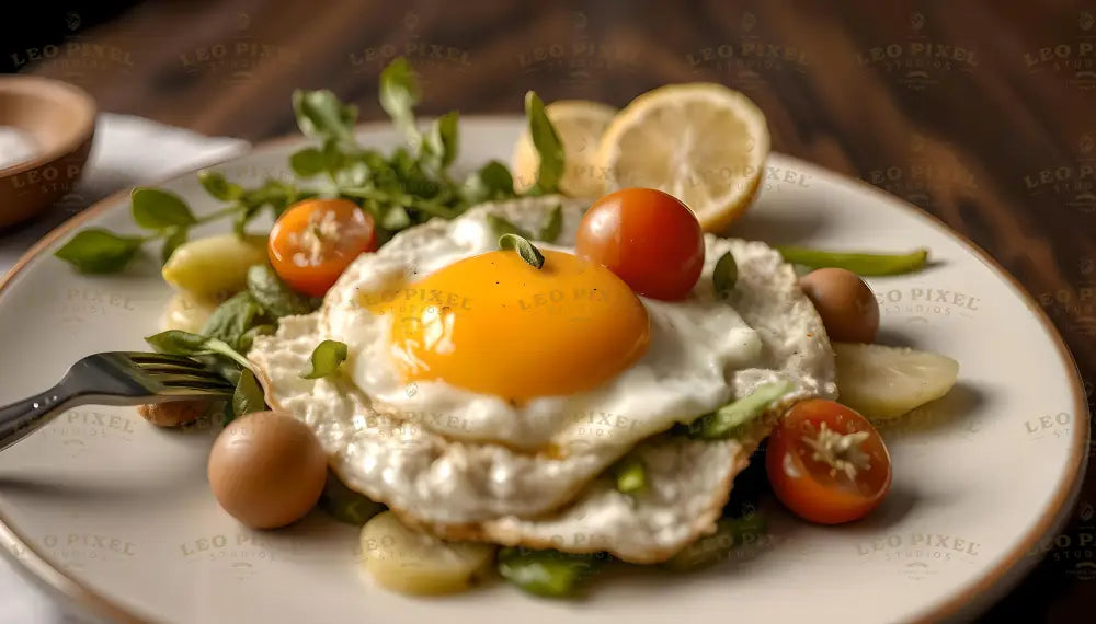 A plate featuring a perfectly cooked sunny-side-up egg with a vibrant golden yolk, garnished with fresh greens and cherry tomatoes. Around the egg, there are tender potato slices and crisp green beans. Lemon slices add a refreshing touch, and a fork rests neatly on the side. The setting is warm, with a wooden table background enhancing the earthy tones of the dish. Ai generated. Photography style.