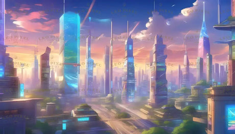 This anime-style artwork portrays a breathtaking futuristic city bathed in the warm hues of sunrise. Towering skyscrapers with unique designs stretch towards the sky, complemented by floating platforms and lush greenery. The seamless blend of modern technology and natural elements creates a vision of harmony and innovation in this urban landscape. Ai generated image.