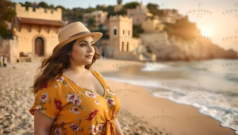 A woman in a floral yellow dress and beige hat stands on a beach, her hair flowing gently. Behind her, golden sunlight illuminates sand and calm waves. The backdrop features warm-toned, castle-like buildings perched on cliffs, blending with lush greenery. The serene atmosphere and soft sunlight evoke a tranquil coastal charm. Ai generated. Photography style.