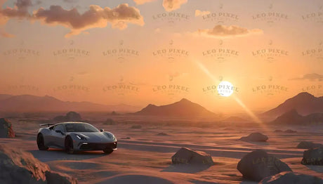 This photography-style image features a sleek, modern sports car parked on a desert landscape bathed in the golden hues of sunset. The sun casts long shadows across smooth sand, dotted with scattered rocks. Distant mountains create a layered horizon beneath a sky glowing in shades of orange and pink, with sparse clouds catching the sunlight. The car’s reflective surface mirrors the warm tones of the setting sun. Ai generated image.