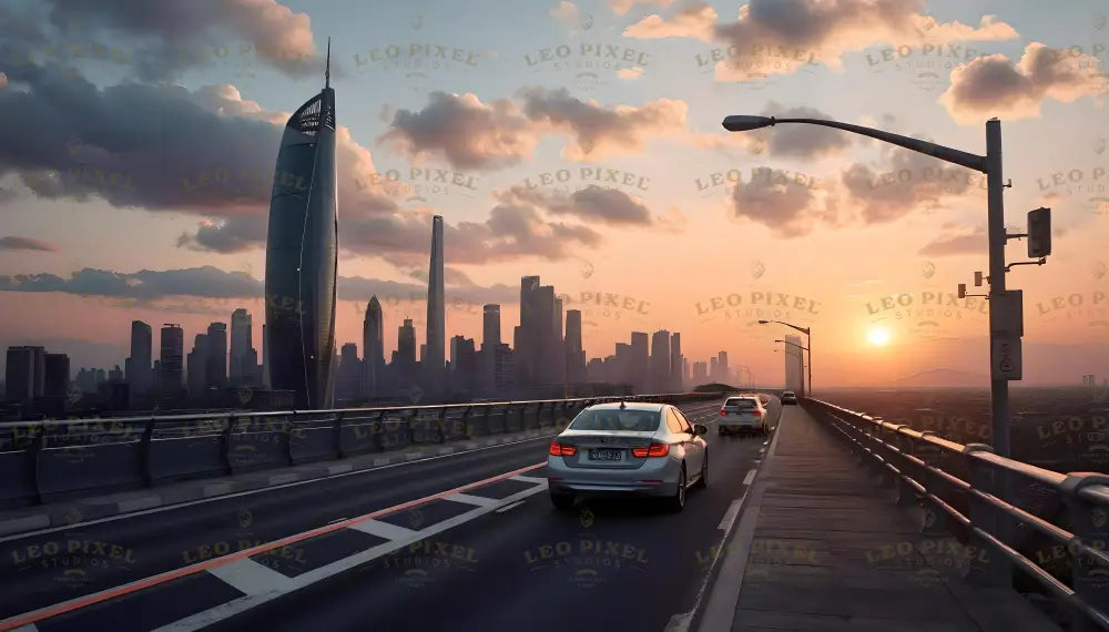 This photography-style image captures the serene moment of a sunset from a bridge overlooking a futuristic city skyline. Cars drive along the sleek roadway, framed by modern streetlights and vibrant clouds. The cityscape is dominated by towering skyscrapers, with the golden hues of the setting sun casting a warm glow, blending urban energy with natural tranquility. Ai generated image.